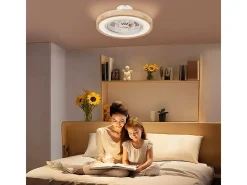 Ventilador de techo con iluminación LED, 6 aspas reversibles, mando a distancia, modo RGB, 40W, madera natural (50x50x22,5cm)