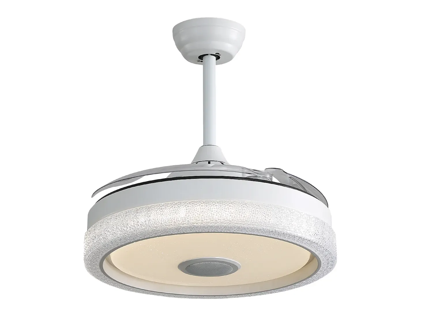 Ventilador de techo de 106,6 cm con 3 aspas retráctiles, LED y altavoz Bluetooth, motor CC reversible, color blanco