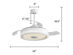 Ventilador de techo de 106,6 cm con 3 aspas retráctiles, LED y altavoz Bluetooth, motor CC reversible, color blanco