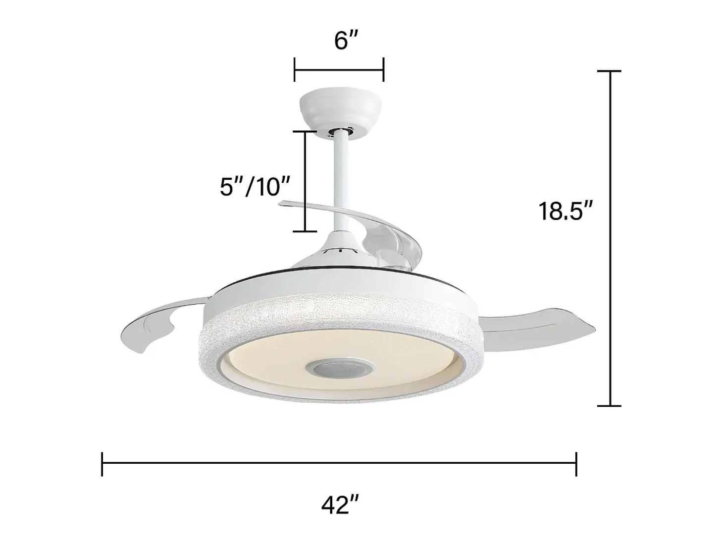 Ventilador de techo de 106,6 cm con 3 aspas retráctiles, LED y altavoz Bluetooth, motor CC reversible, color blanco