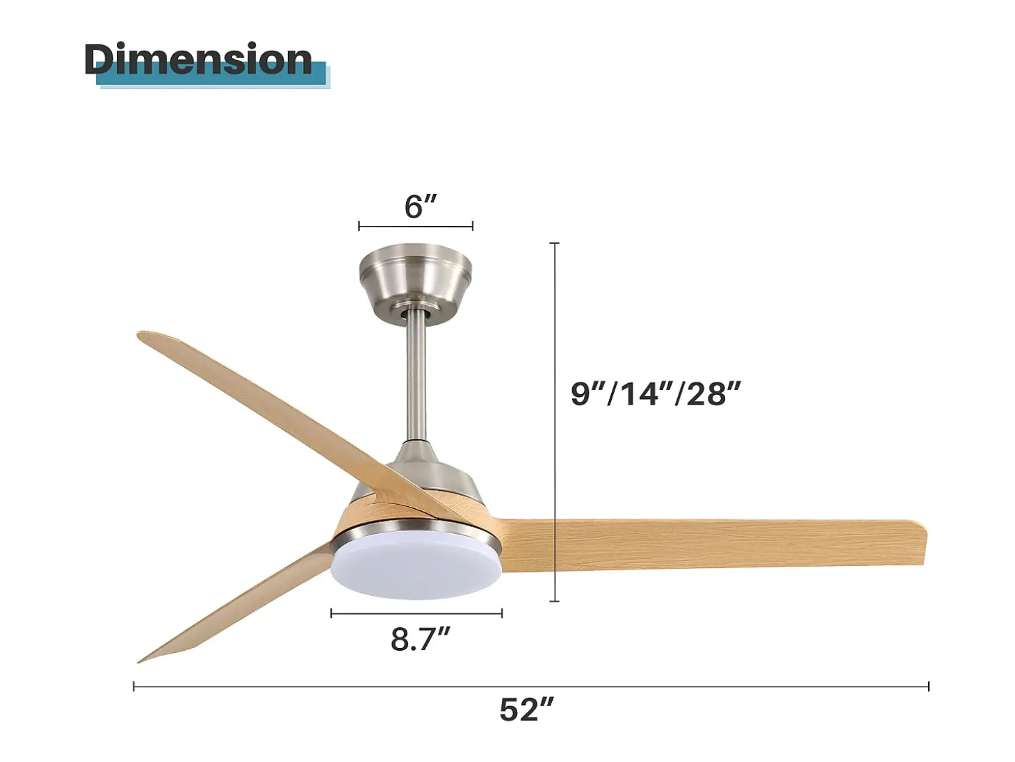 Ventilador de techo de 132 cm, 3 aspas en chapa de madera natural con LED, 6 velocidades y temporizador, motor CC reversible, color plateado
