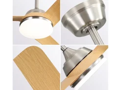 Ventilador de techo de 132 cm, 3 aspas en chapa de madera natural con LED, 6 velocidades y temporizador, motor CC reversible, color plateado