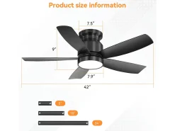 Ventilador de techo de 42 pulgadas con iluminación LED de 18 W, control remoto, 5 aspas de ABS, motor CC reversible, color negro (106,68 x 106,68 x 23,11 cm)