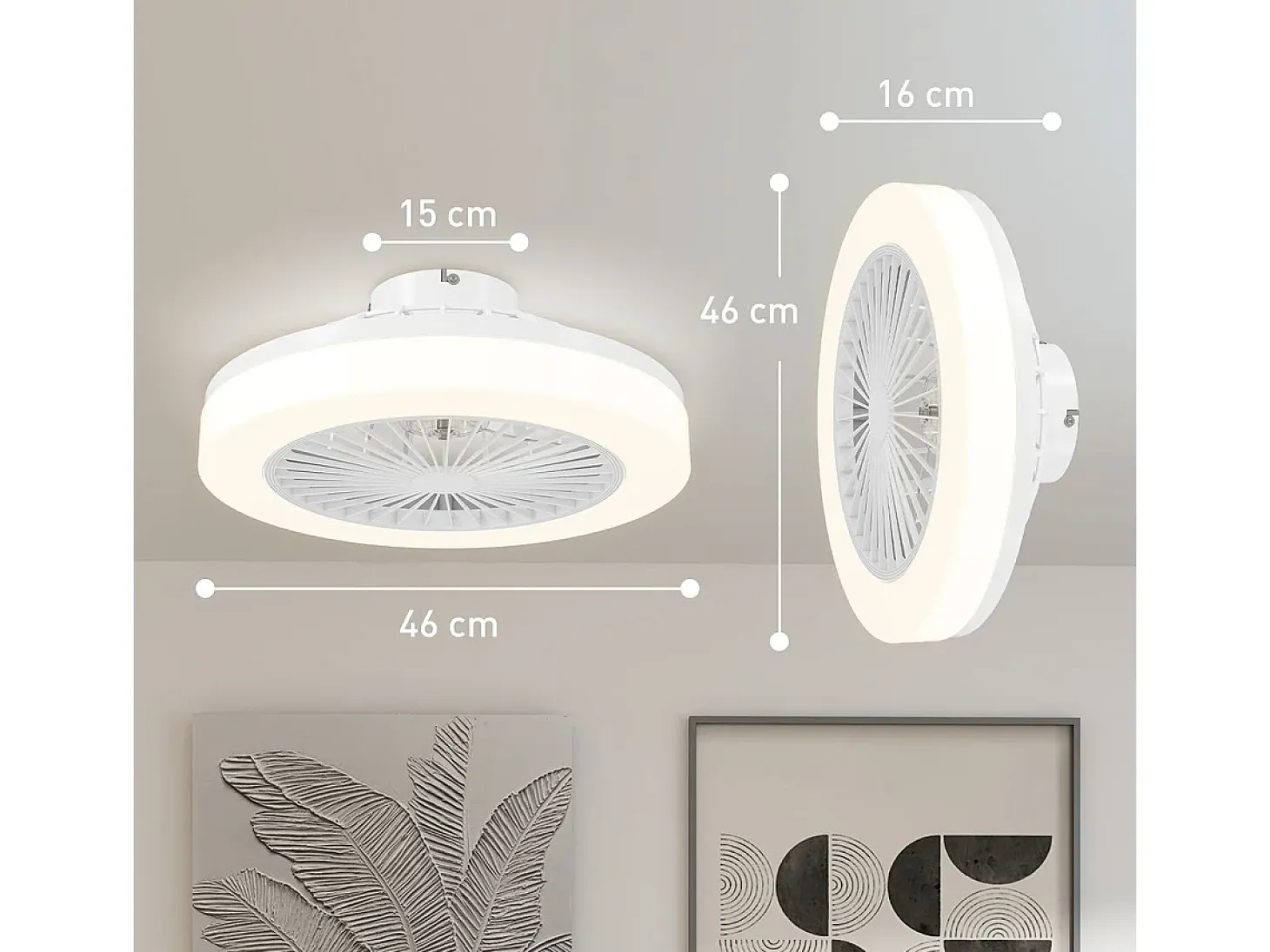 Ventilador de techo Manhattan Homcom luz LED + 6 velocidades blanco Ø46 cm