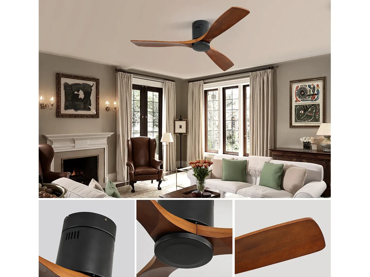 Ventilador de techo silencioso de 52 pulgadas, motor CC reversible, aspas de madera tallada, control remoto, sin luz, color negro (132 x 132 x 24,5 cm)