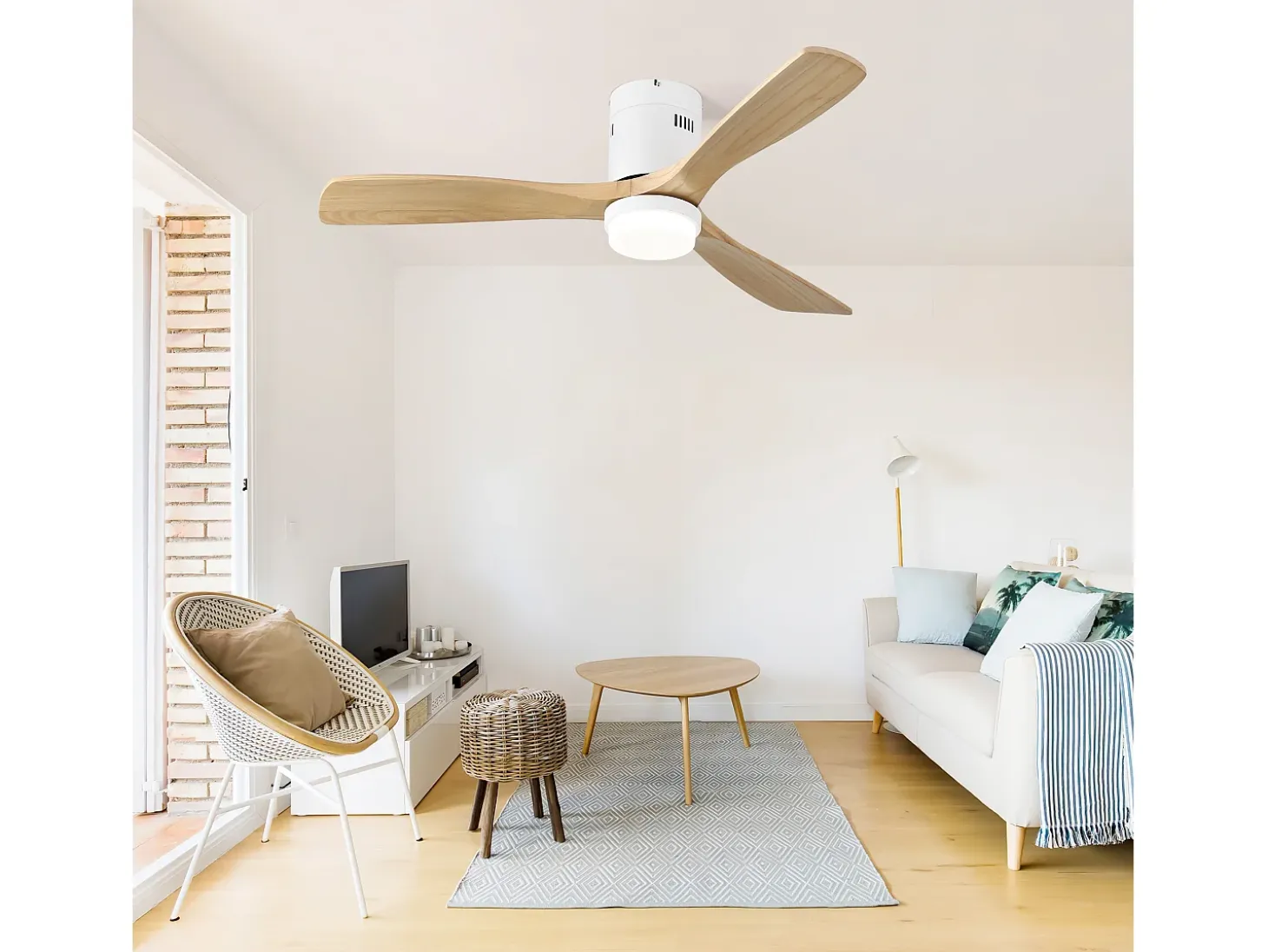 Ventilador de techo silencioso de 132 cm, 3 aspas de madera con LED, 6 velocidades y temporizador, motor CC reversible, luz natural