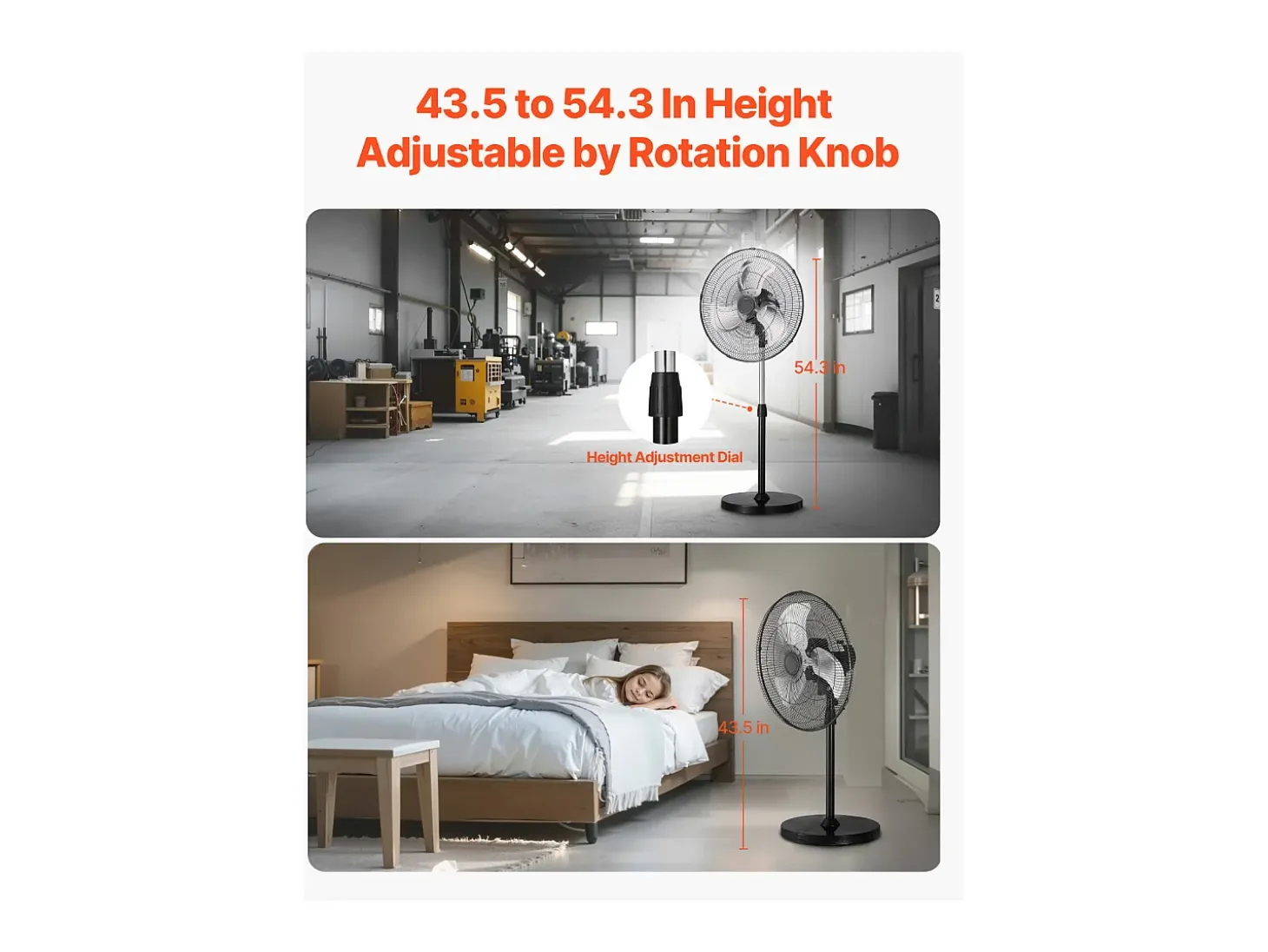 Ventilador SucceBuy 570mm Ventilador de Pie con 3 Velocidades, Ajustable en Altura 110,5-138cm
