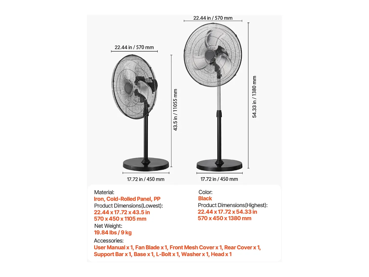 Ventilador SucceBuy 570mm Ventilador de Pie con 3 Velocidades, Ajustable en Altura 110,5-138cm