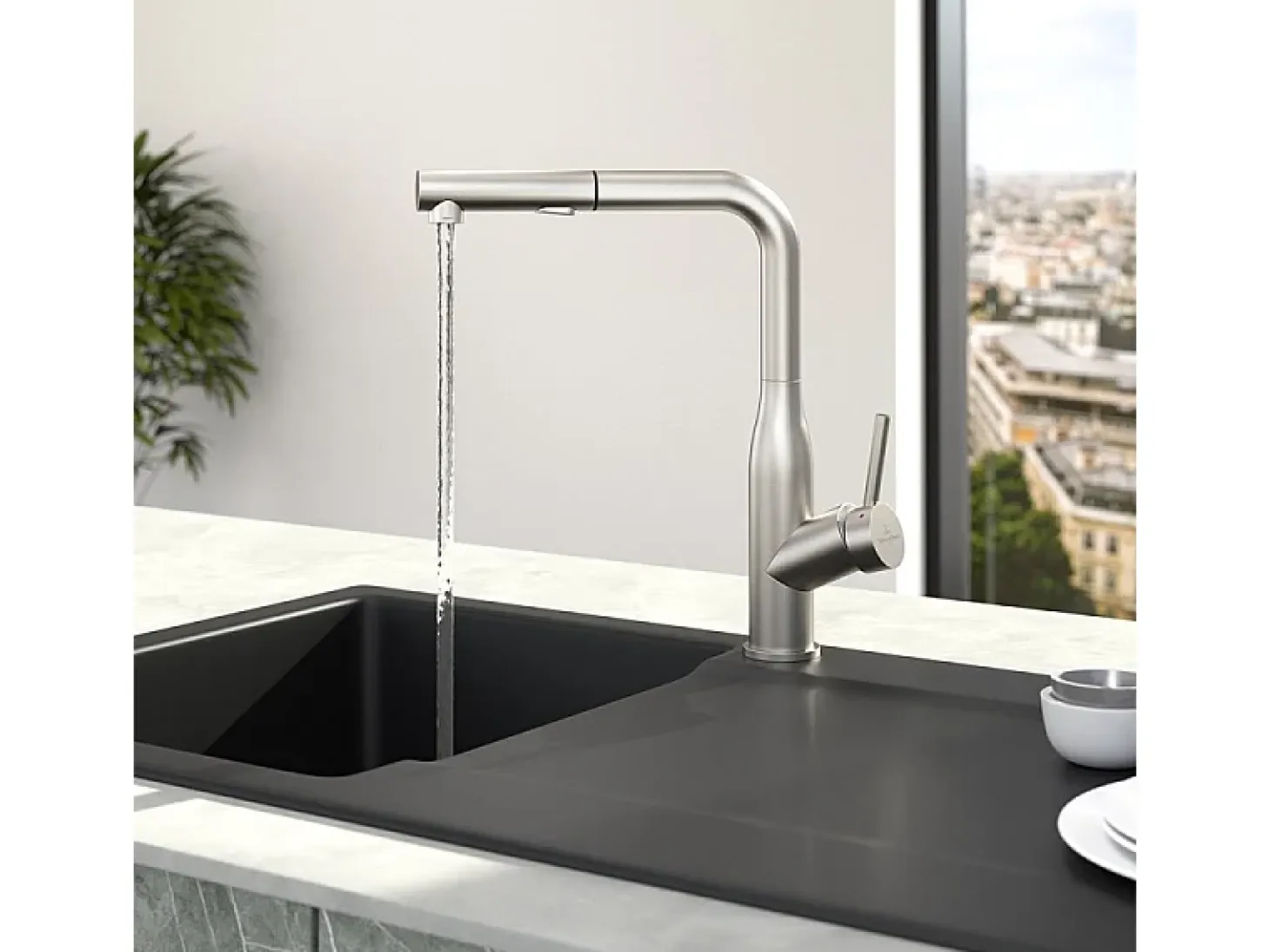 VILLEROY ET BOCH Grifo de cocina para ducha estilo Subway de acero macizo