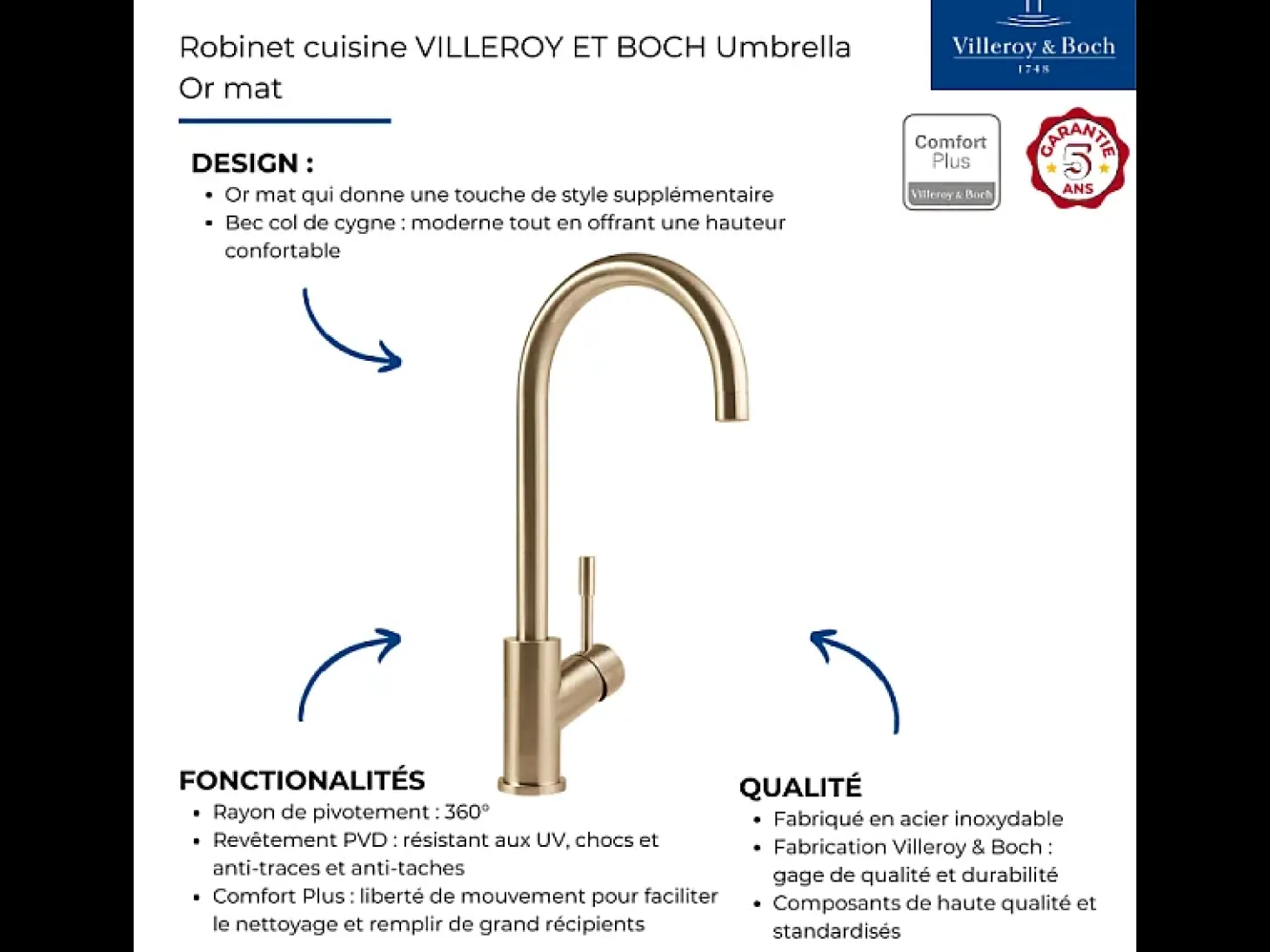 VILLEROY ET BOCH Grifo de cocina paraguas dorado mate