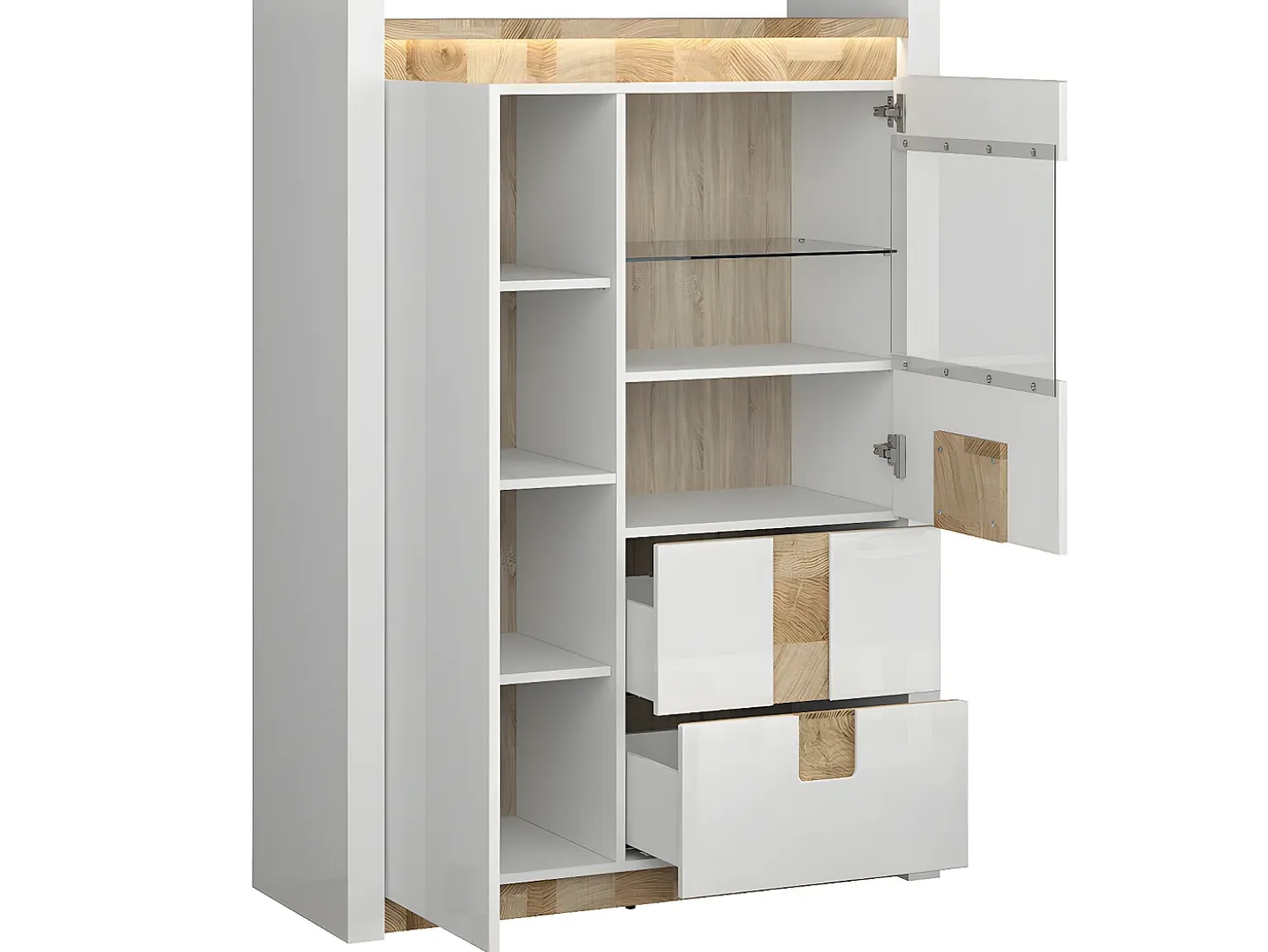 Vitrina 2 puertas 2 cajones con LED Helios Blanco lacado y Madera