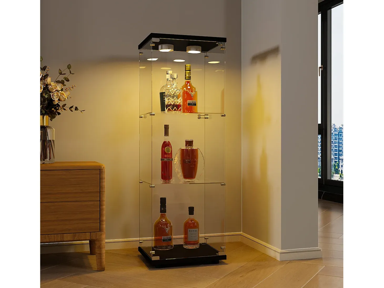 Vitrina de cristal con iluminación LED, 1 puerta y 3 compartimentos, 125 x 40 x 36 cm, color negro