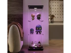 Vitrina de cristal con iluminación LED, 1 puerta y 3 compartimentos, 125 x 40 x 36 cm, color negro