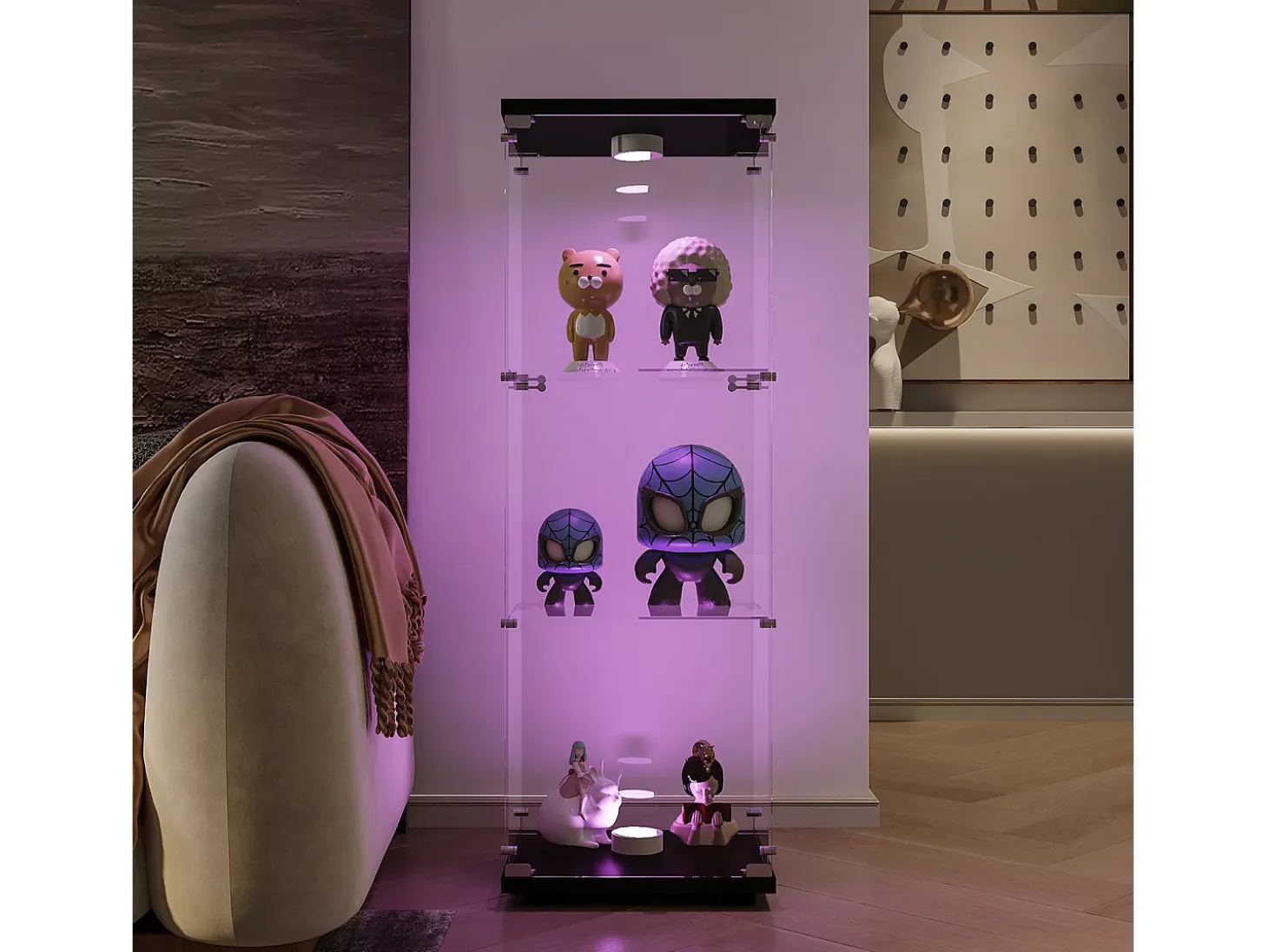 Vitrina de cristal con iluminación LED, 1 puerta y 3 compartimentos, 125 x 40 x 36 cm, color negro