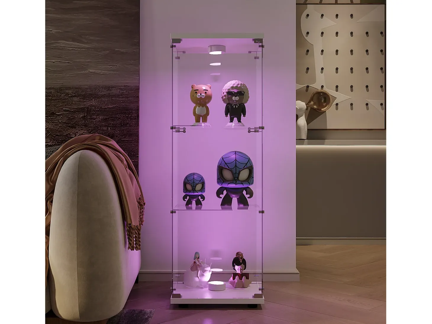 Vitrina de cristal con iluminación LED, 1 puerta y 3 compartimentos, 125 x 40 x 36 cm, Blanco