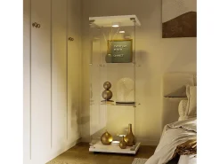 Vitrina de cristal con iluminación LED, 1 puerta y 3 compartimentos, 125 x 40 x 36 cm, Blanco