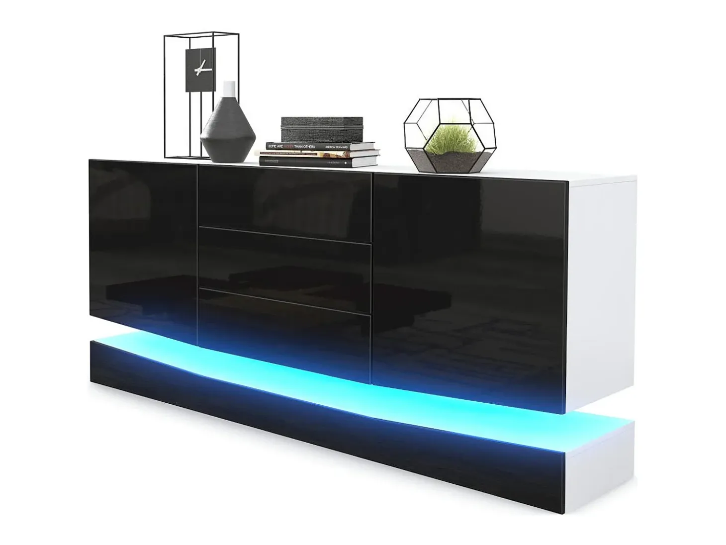 Vladon Aparador City, blanco mate/negro de alto brillo con LED - Cómoda moderna para su salón (178 x 72 x 38 cm)