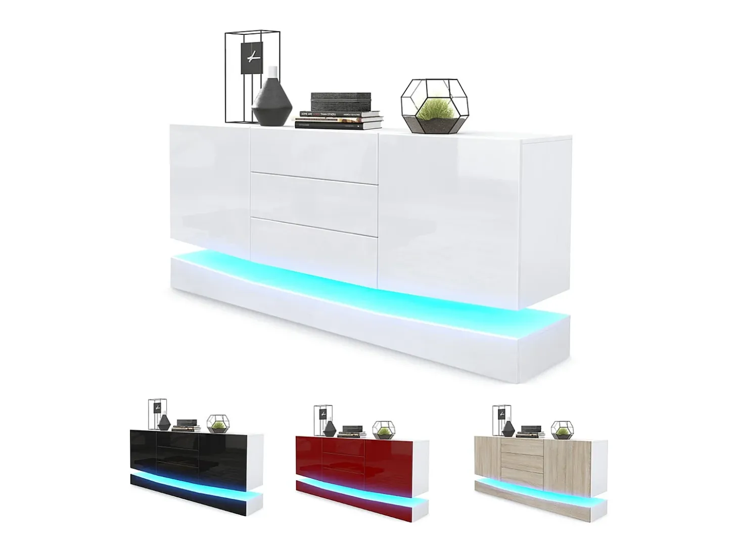Vladon Aparador City, blanco mate/gris arena de alto brillo con LED - Cómoda moderna para su salón (178 x 72 x 38 cm)