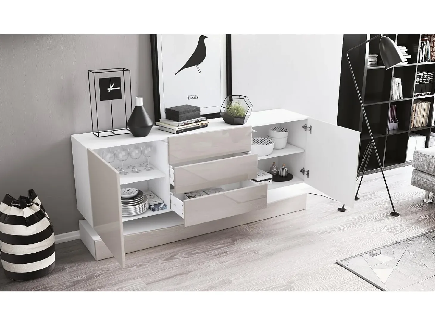 Vladon Aparador City, blanco mate/crema de alto brillo - Cómoda moderna para su salón (178 x 72 x 38 cm)