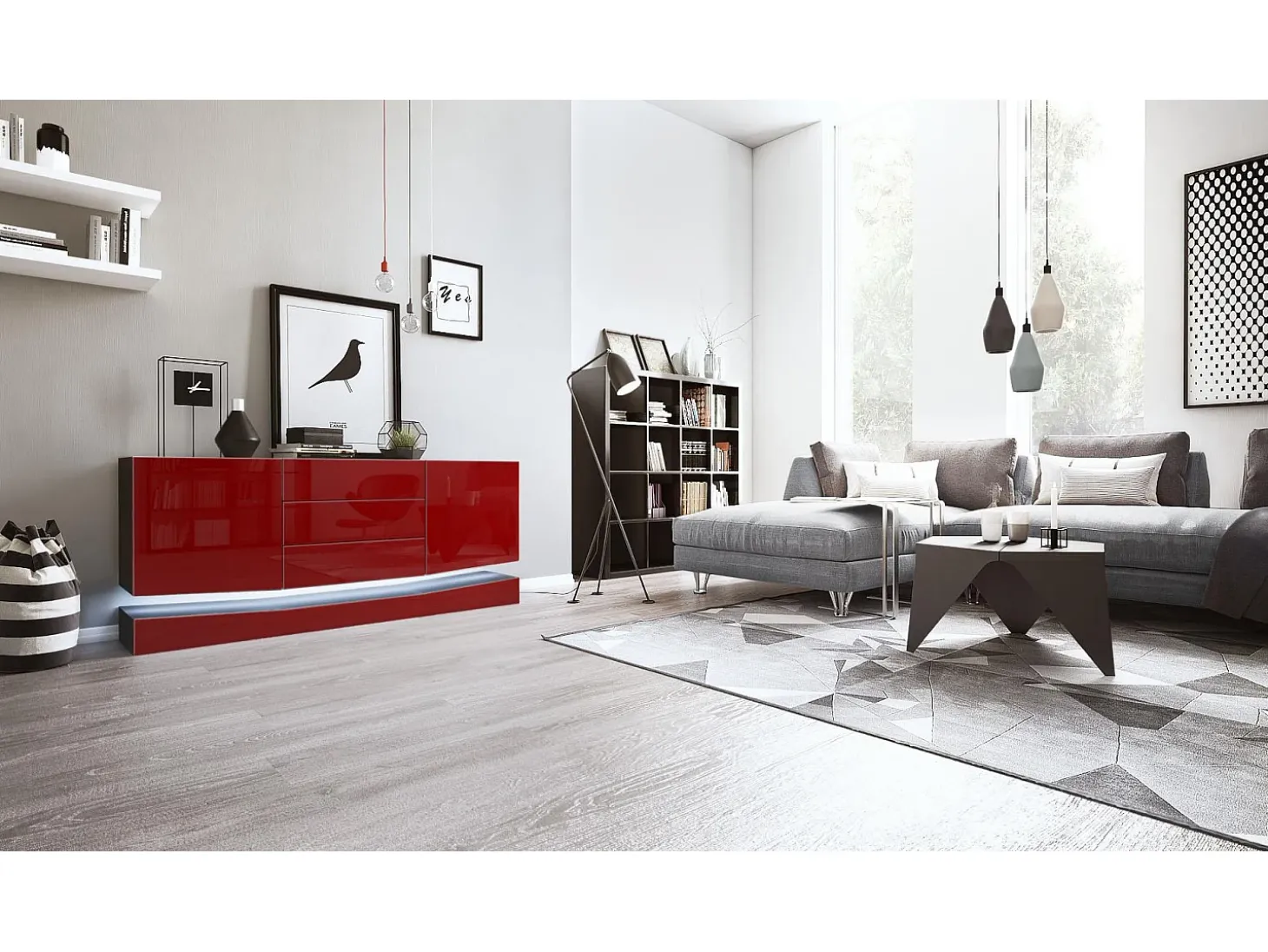 Vladon Aparador City, negro mate/burdeos de alto brillo con LED - Cómoda moderna para su salón (178 x 72 x 38 cm)