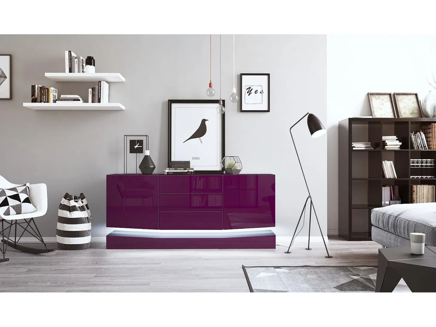 Vladon Aparador City, negro mate/zarzamora de alto brillo con LED - Cómoda moderna para su salón (178 x 72 x 38 cm)