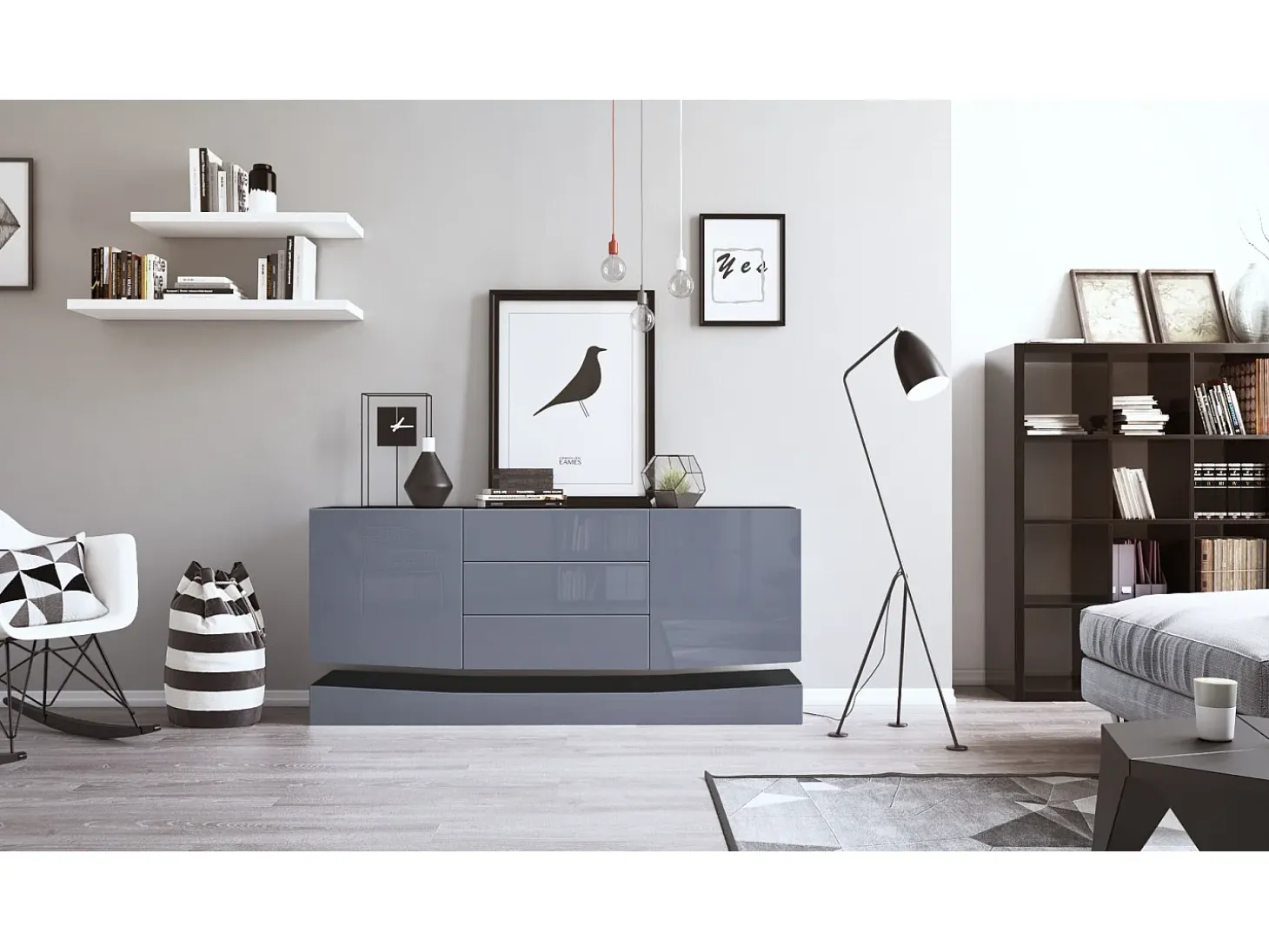 Vladon Aparador City, negro mate/gris de alto brillo - Cómoda moderna para su salón (178 x 72 x 38 cm)