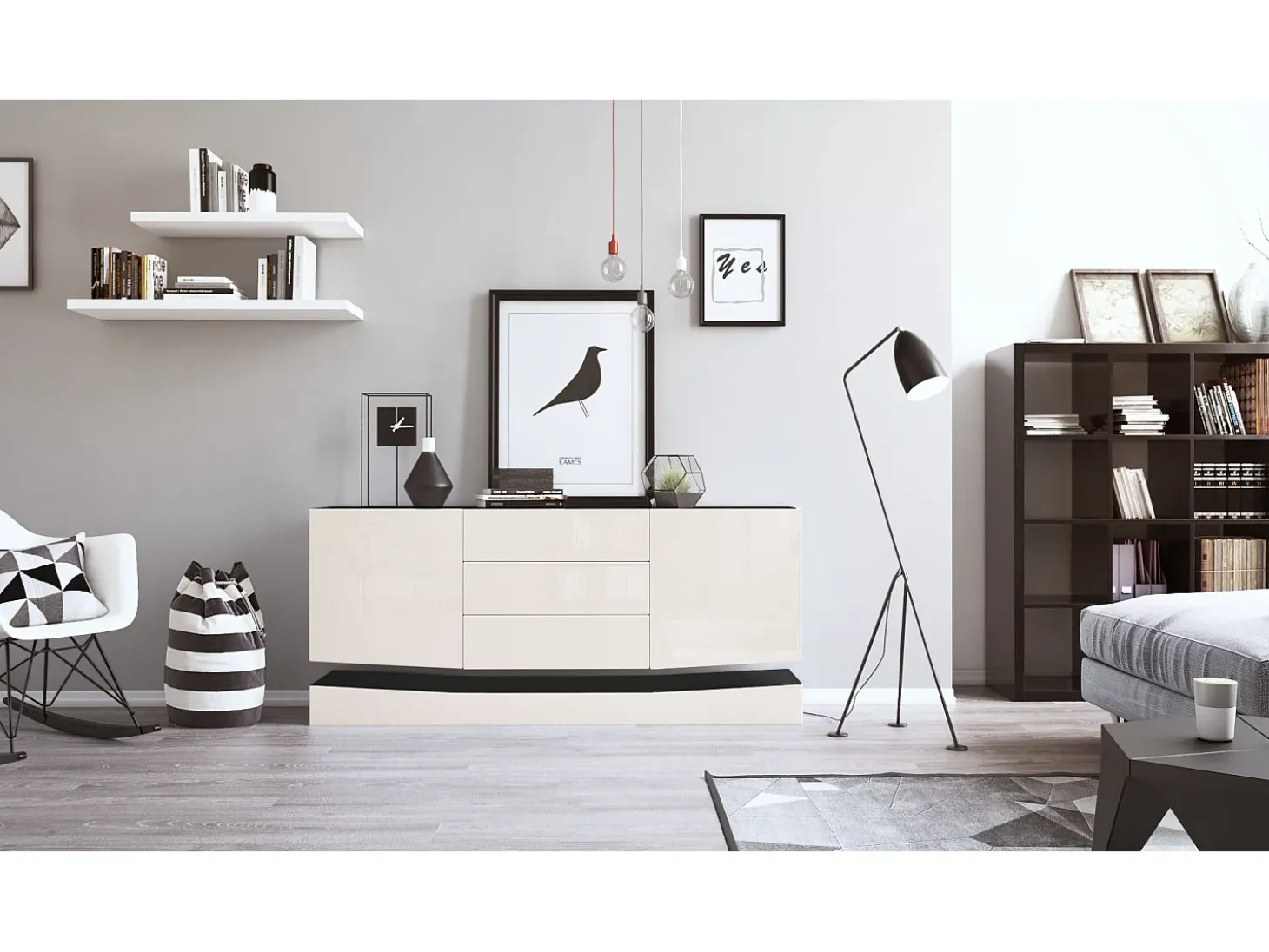 Vladon Aparador City, negro mate/crema de alto brillo - Cómoda moderna para su salón (178 x 72 x 38 cm)