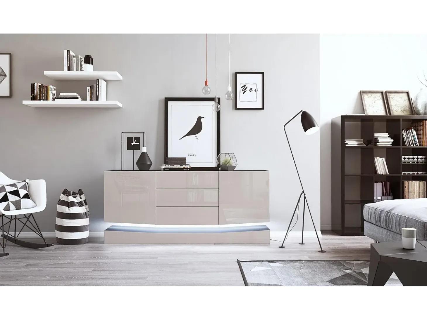 Vladon Aparador City, negro mate/gris arena de alto brillo con LED - Cómoda moderna para su salón (178 x 72 x 38 cm)