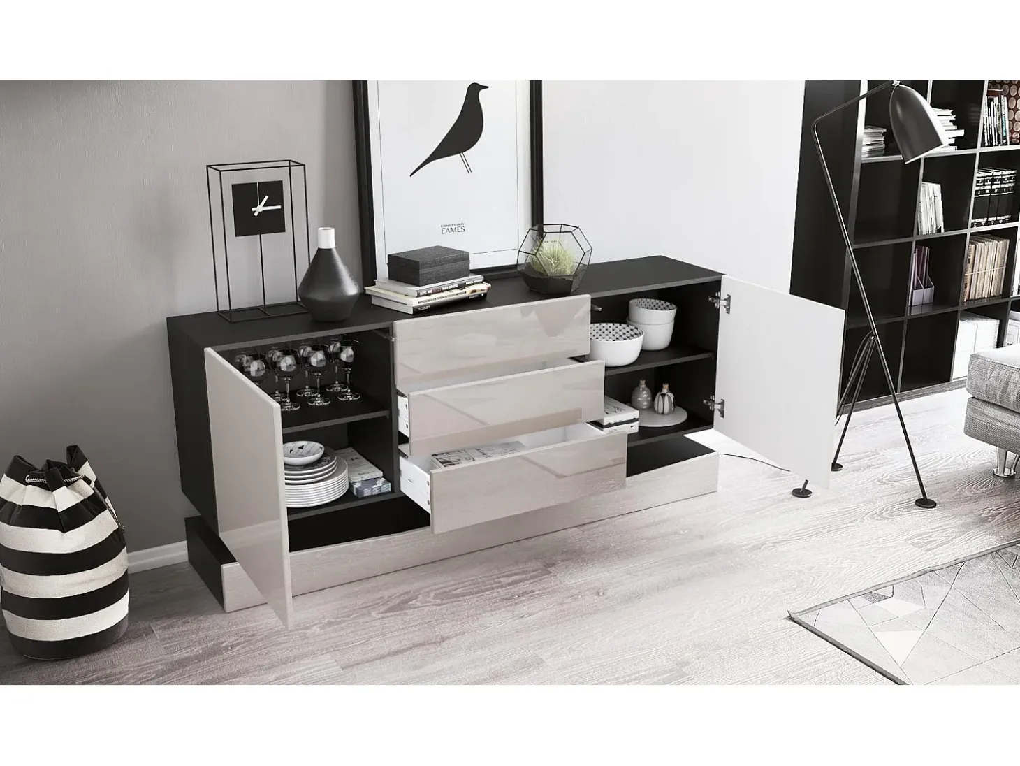 Vladon Aparador City, negro mate/gris arena de alto brillo con LED - Cómoda moderna para su salón (178 x 72 x 38 cm)