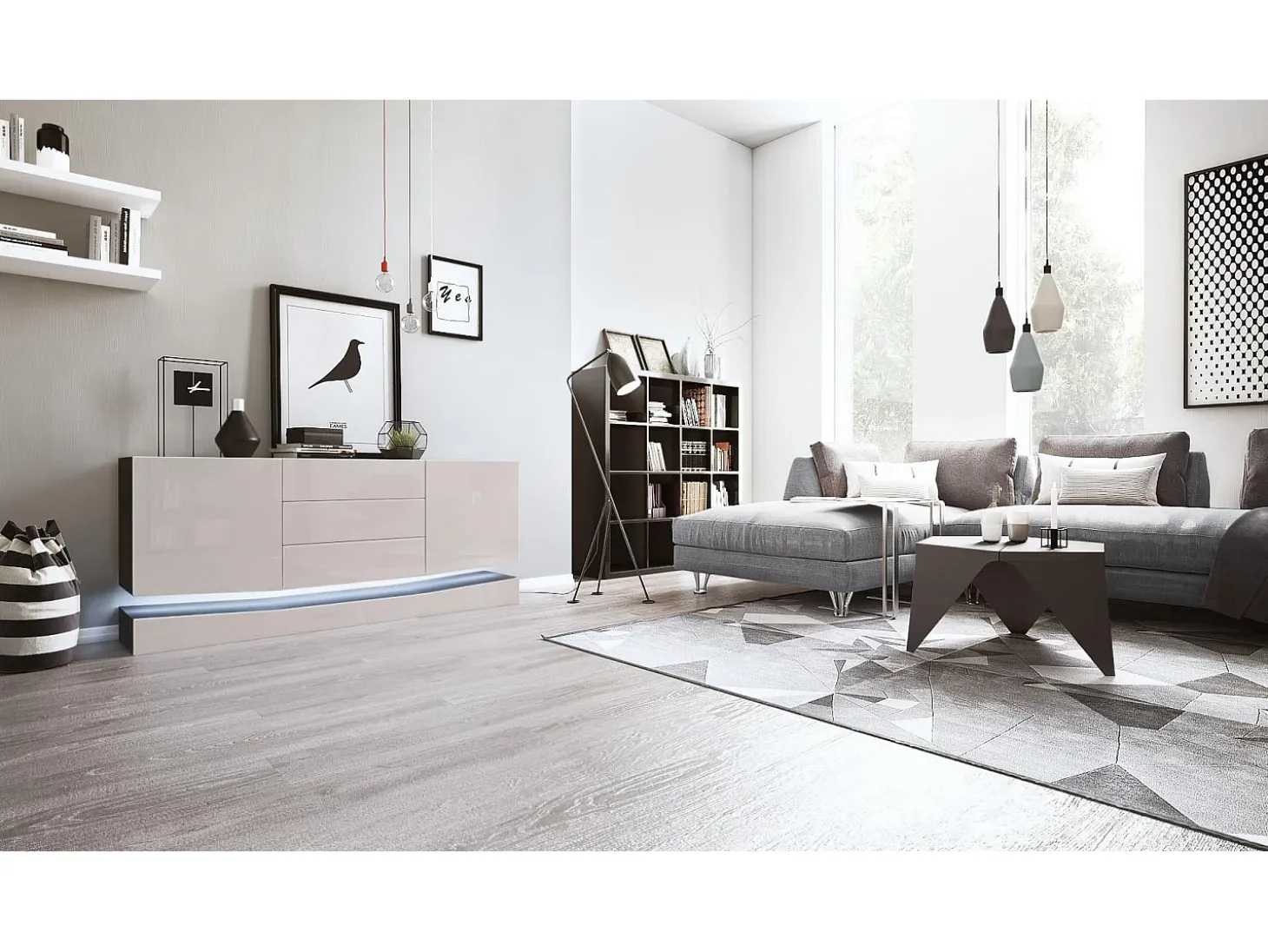 Vladon Aparador City, negro mate/gris arena de alto brillo con LED - Cómoda moderna para su salón (178 x 72 x 38 cm)