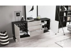 Vladon Aparador City, negro mate/blanco de alto brillo - Cómoda moderna para su salón (178 x 72 x 38 cm)