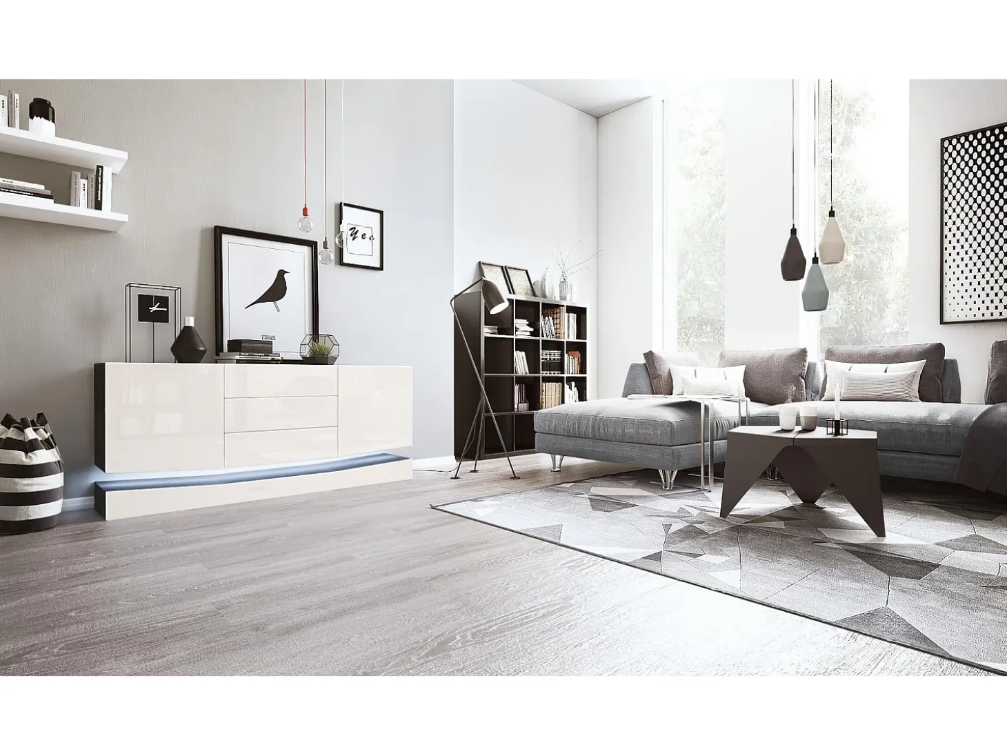 Vladon Aparador City, negro mate/crema de alto brillo con LED - Cómoda moderna para su salón (178 x 72 x 38 cm)