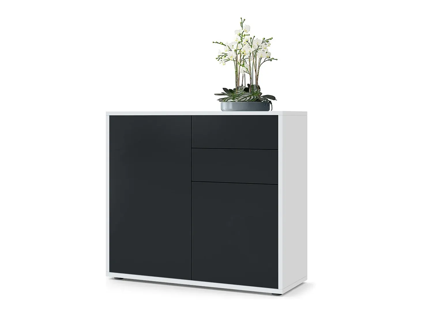 Vladon Cajonera Ben, Cómoda con 2 Puertas y 2 Cajones Blanco mate/Negro mate (79 x 74 x 36 cm)