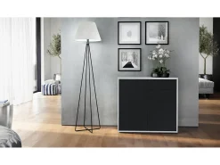 Vladon Cajonera Ben, Cómoda con 2 Puertas y 2 Cajones Blanco mate/Negro mate (79 x 74 x 36 cm)