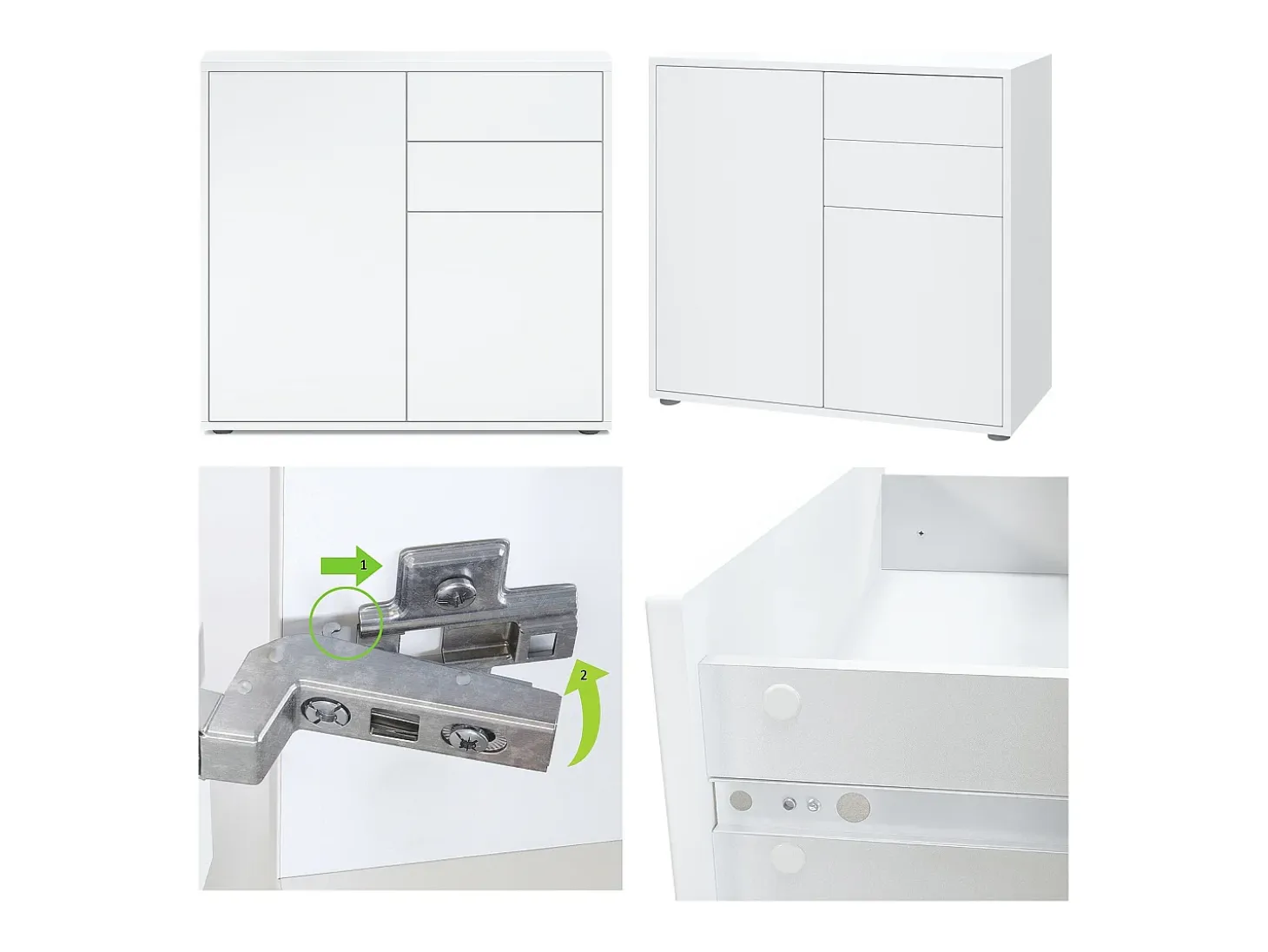 Vladon Cajonera Ben, Cómoda con 2 Puertas y 2 Cajones Blanco mate/Blanco mate (79 x 74 x 36 cm)