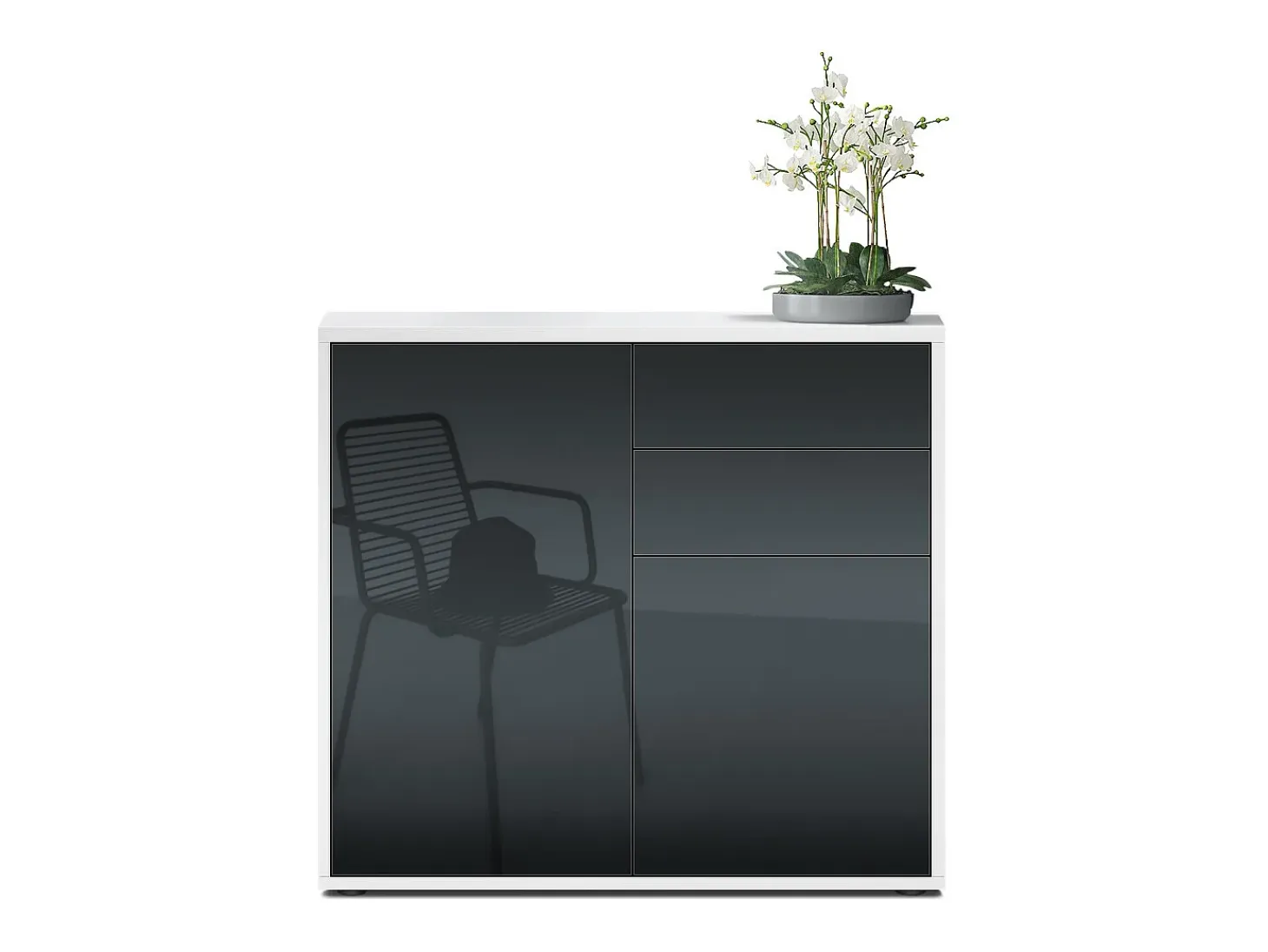 Vladon Cajonera Ben, Cómoda con 2 Puertas y 2 Cajones Blanco mate/Negro de alto brillo (79 x 74 x 36 cm)