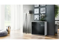 Vladon Cajonera Ben, Cómoda con 2 Puertas y 2 Cajones Blanco mate/Negro de alto brillo (79 x 74 x 36 cm)