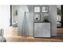 Vladon Cajonera Ben, Cómoda con 2 Puertas y 2 Cajones Negro mate/Hormigón oxidado (79 x 74 x 36 cm)
