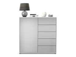 Vladon Cajonera Ben V2, Cómoda con 1 Puerta y 5 Cajones, Blanco mate/Gris claro satinado (79 x 74 x 36 cm)