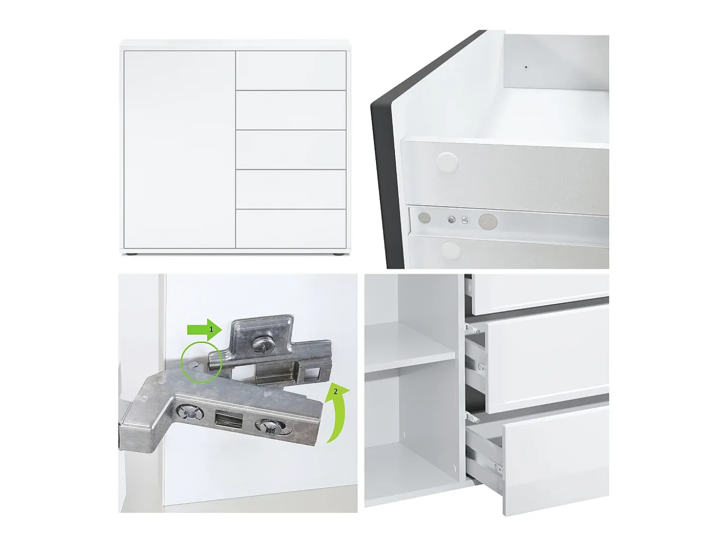 Vladon Cajonera Ben V2, Cómoda con 1 Puerta y 5 Cajones, Blanco mate/Gris claro satinado (79 x 74 x 36 cm)