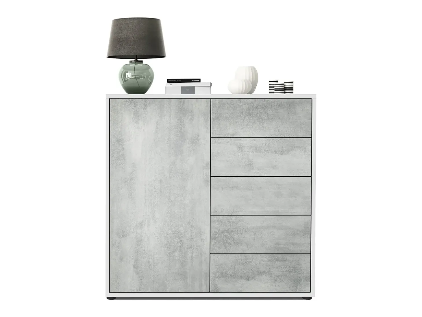 Vladon Cajonera Ben V2, Cómoda con 1 Puerta y 5 Cajones, Blanco mate/Hormigón oxidado (79 x 74 x 36 cm)