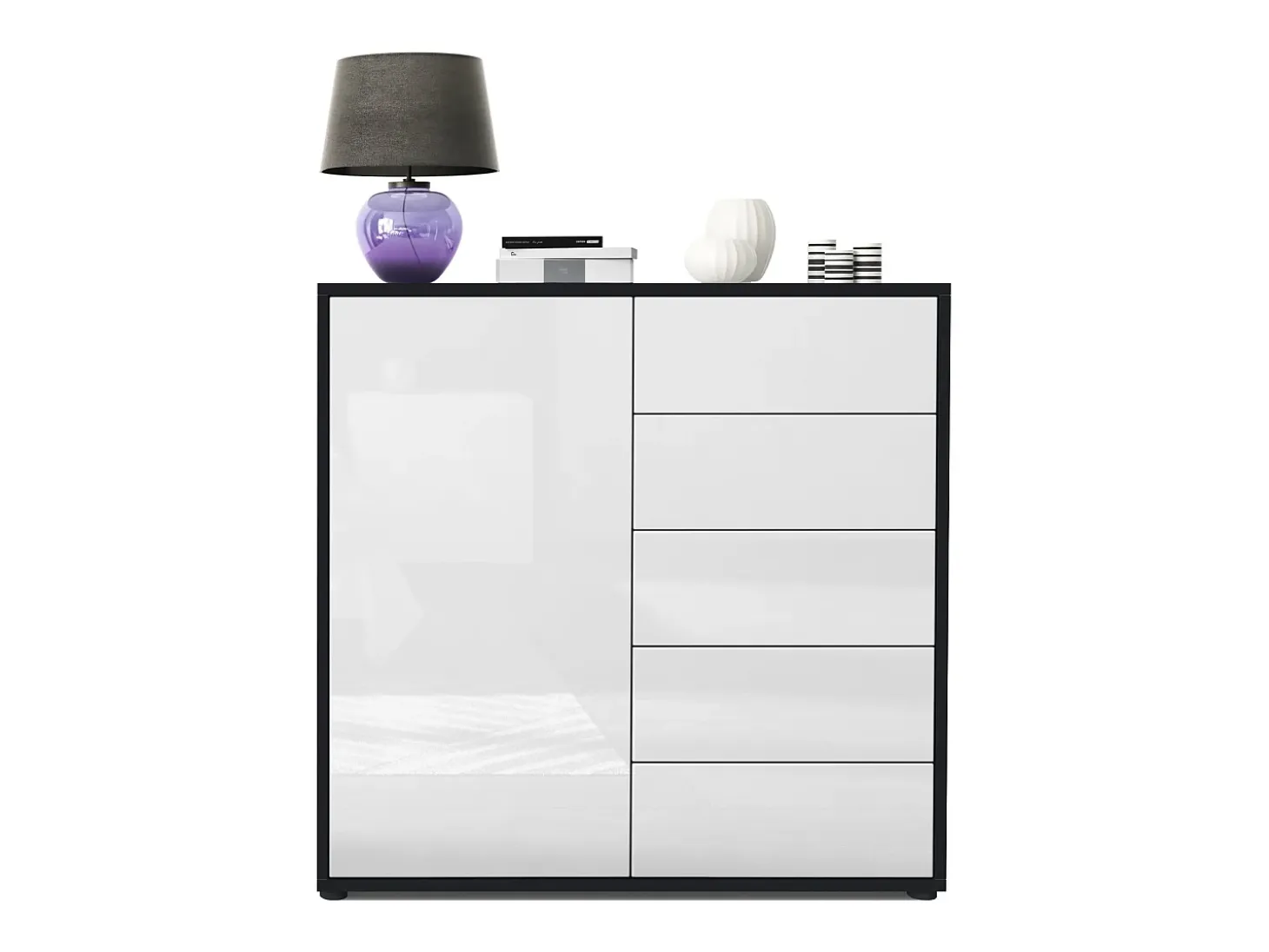 Vladon Cajonera Ben V2, Cómoda con 1 Puerta y 5 Cajones, Negro mate/Blanco de alto brillo (79 x 74 x 36 cm)