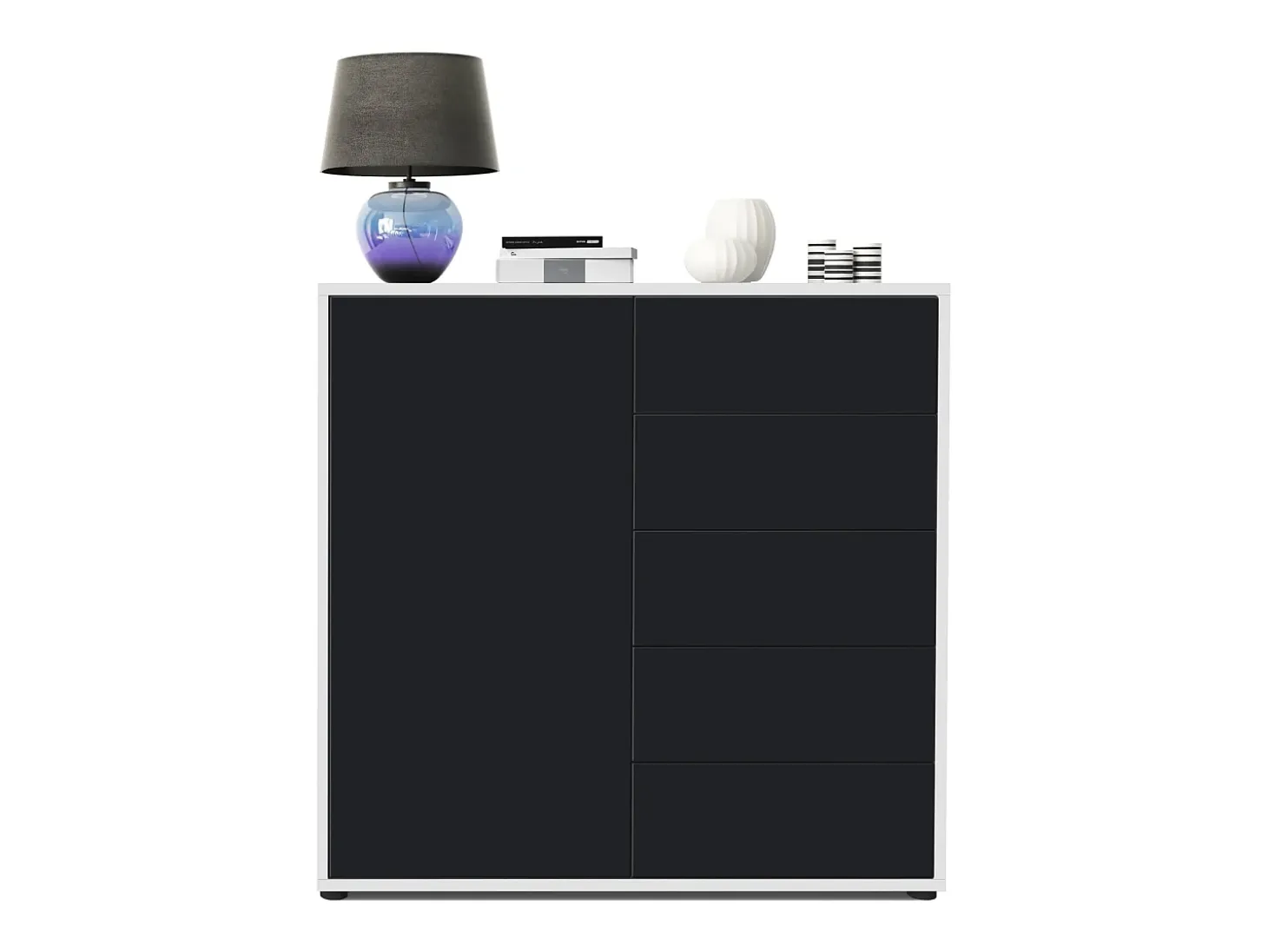 Vladon Cajonera Ben V2, Cómoda con 1 Puerta y 5 Cajones, Blanco de alto brillo/Negro mate (79 x 74 x 36 cm)