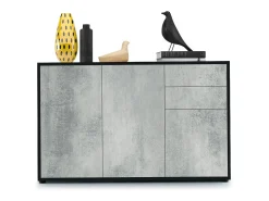 Vladon Cajonera Ben V3, Cómoda con 3 Puertas y 2 Cajones, Negro mate/Hormigón oxidado (117 x 74 x 36 cm)