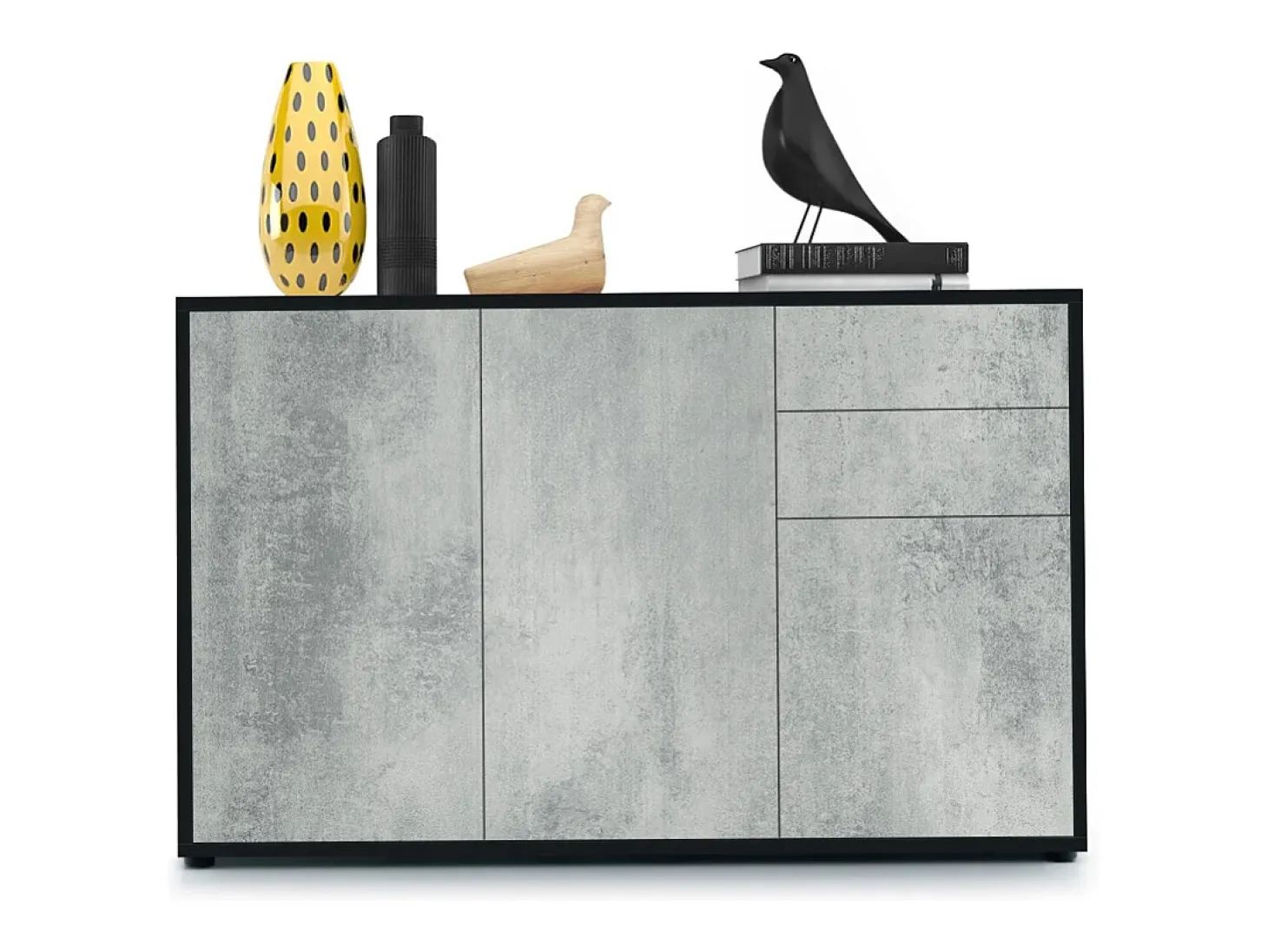 Vladon Cajonera Ben V3, Cómoda con 3 Puertas y 2 Cajones, Negro mate/Hormigón oxidado (117 x 74 x 36 cm)