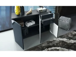 Vladon Cajonera Ben V3, Cómoda con 3 Puertas y 2 Cajones, Negro mate/Gris claro satinado (117 x 74 x 36 cm)