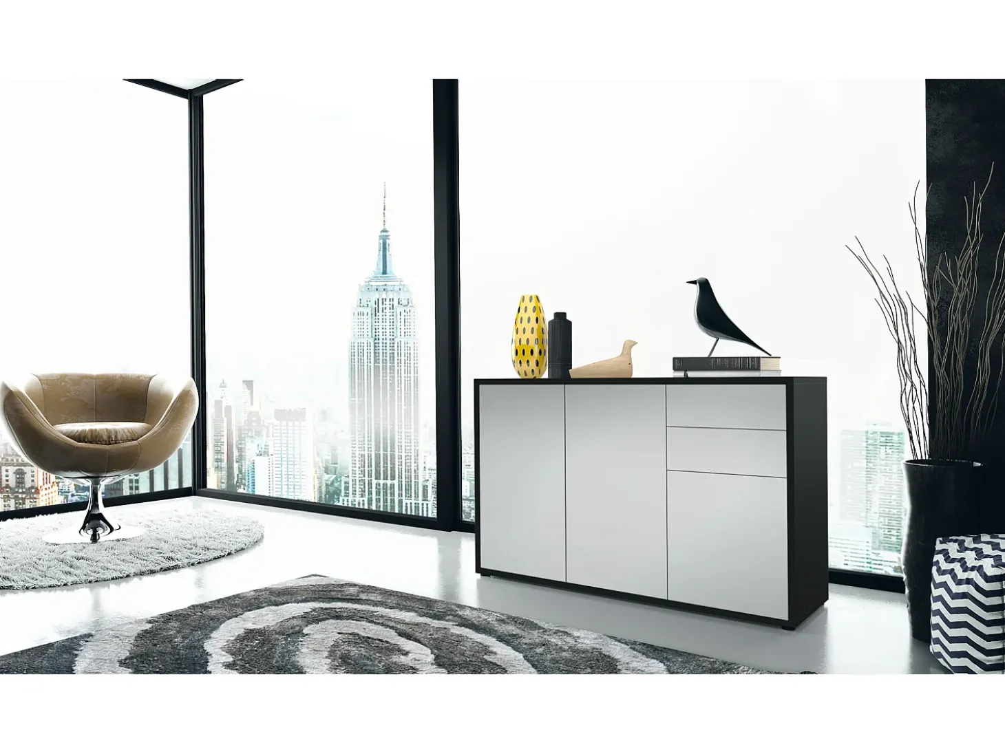 Vladon Cajonera Ben V3, Cómoda con 3 Puertas y 2 Cajones, Negro mate/Gris claro satinado (117 x 74 x 36 cm)