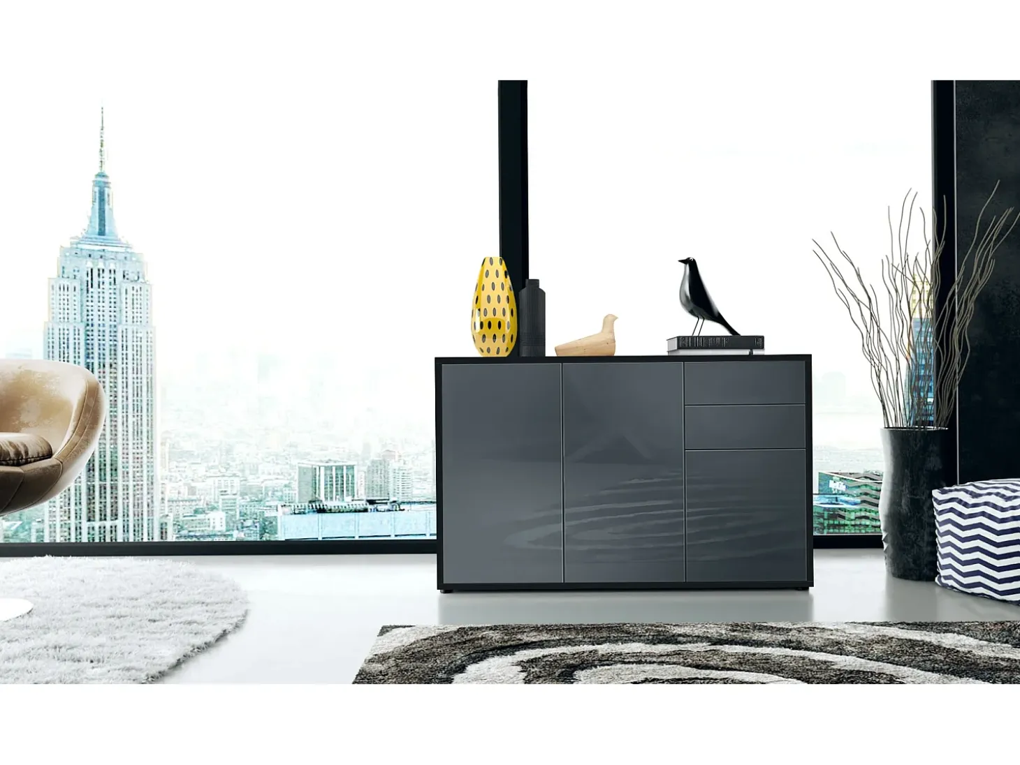 Vladon Cajonera Ben V3, Cómoda con 3 Puertas y 2 Cajones, Negro mate/Gris de alto brillo (117 x 74 x 36 cm)