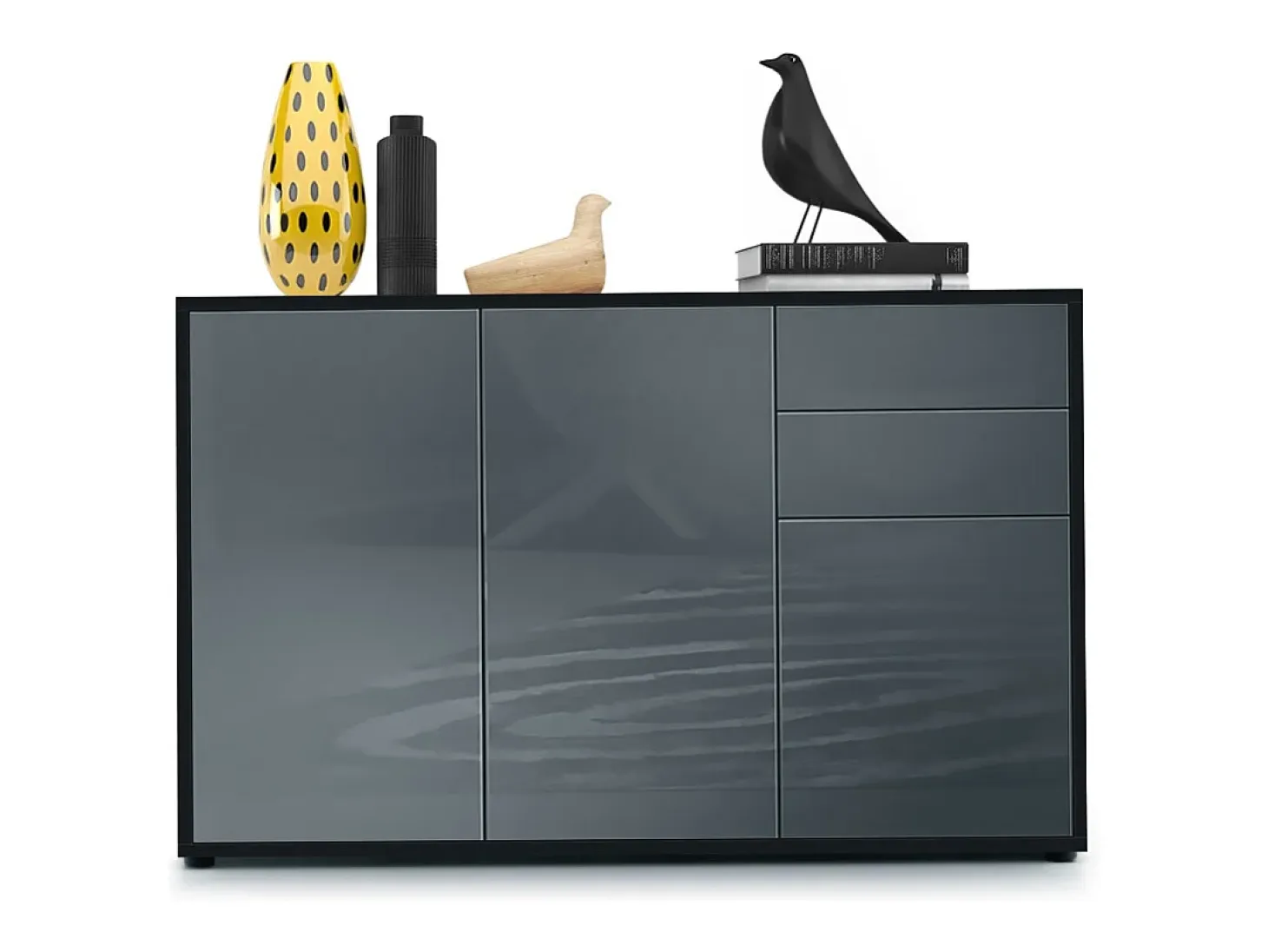 Vladon Cajonera Ben V3, Cómoda con 3 Puertas y 2 Cajones, Negro mate/Gris de alto brillo (117 x 74 x 36 cm)