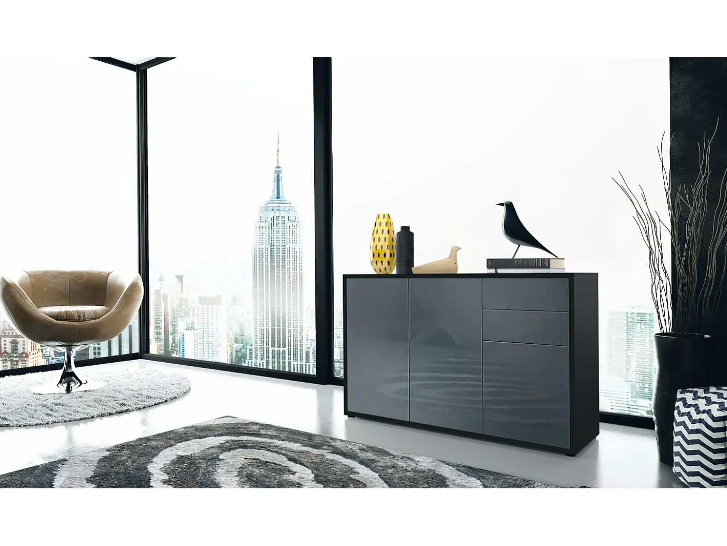 Vladon Cajonera Ben V3, Cómoda con 3 Puertas y 2 Cajones, Negro mate/Gris de alto brillo (117 x 74 x 36 cm)